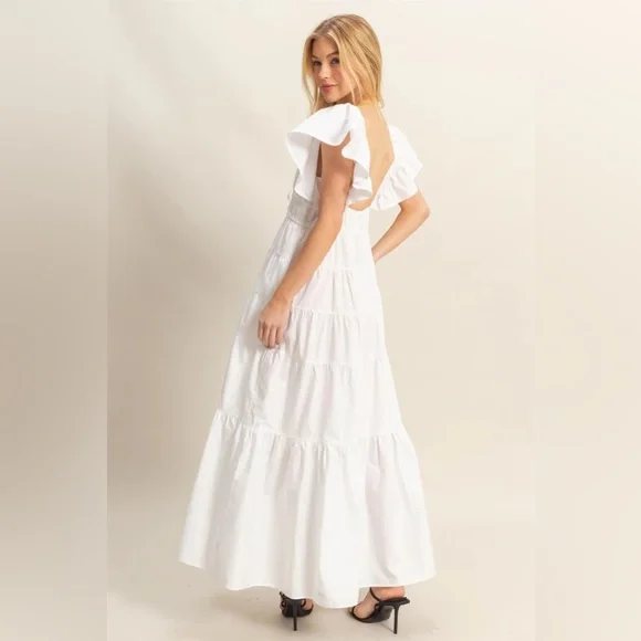 NEW HYFVE White Flutter Sleeve Tiered Cotton Maxi Dress Size Medium - Picture 3 of 7